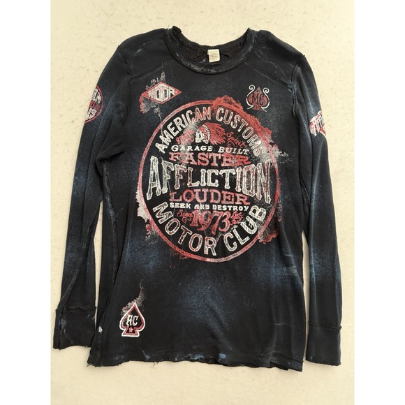 AFFLICTION Men Long Sleeve Motor Club American Customs Black Blue L Reversible